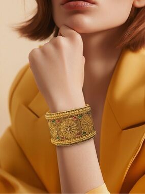 Heavy Gold Indian Cuff Bracelet Kundan Floral Red Green Stones Vintage